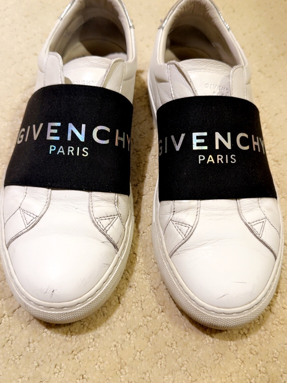 Givenchy White Leather Slip-On Sneakers with Black Logo Band